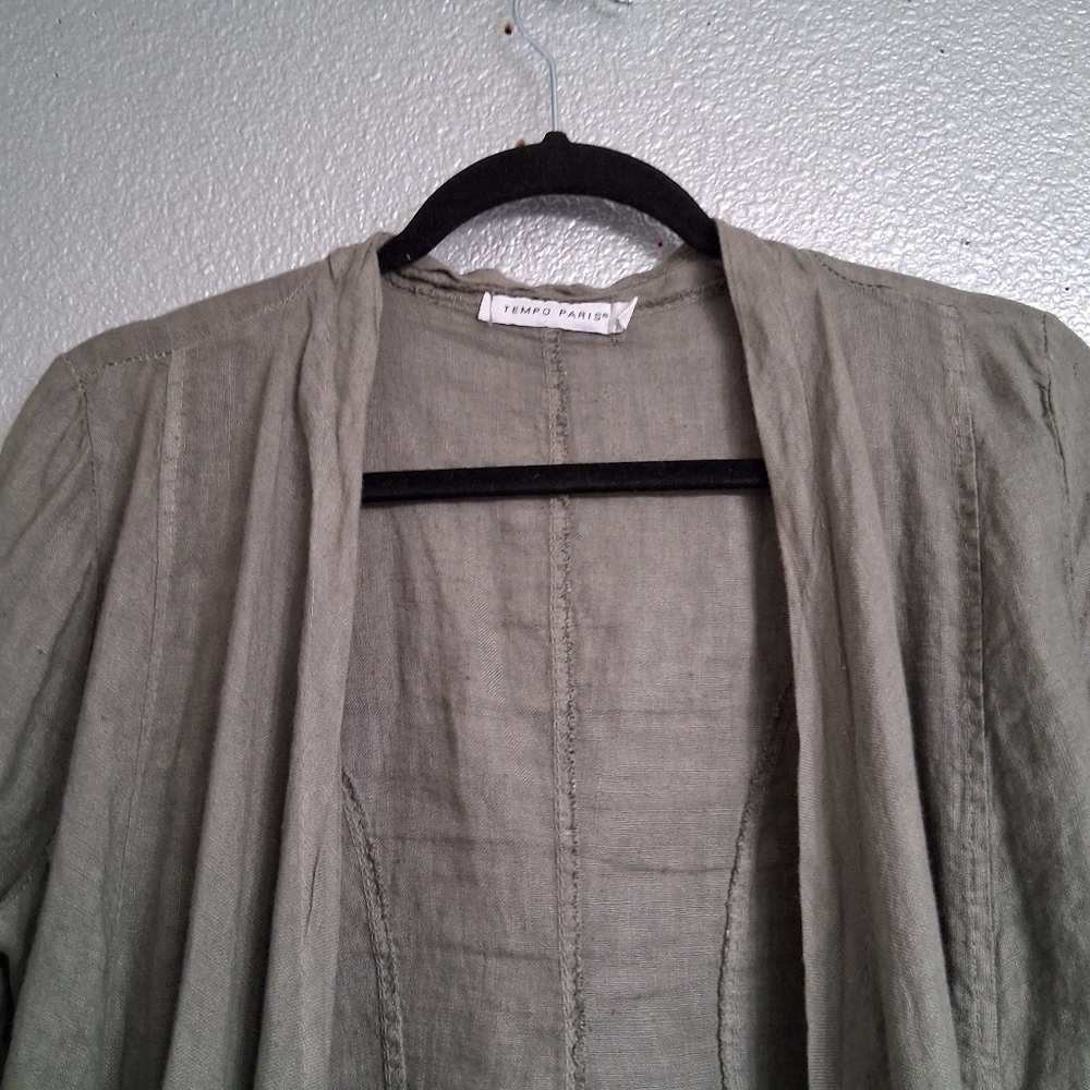 Tempo Paris Linen Olive Green Open Jacket Size M - Picture 7 of 10